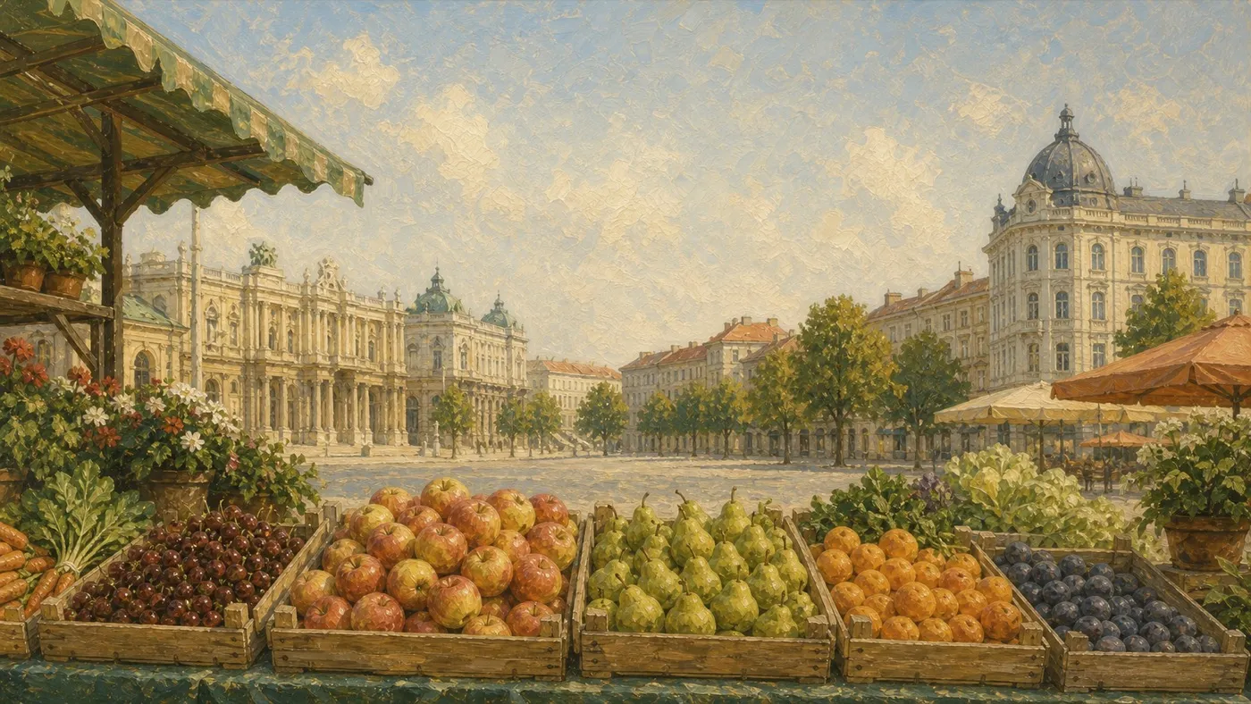 A painted Vienna market with fruit crates and historic buildings