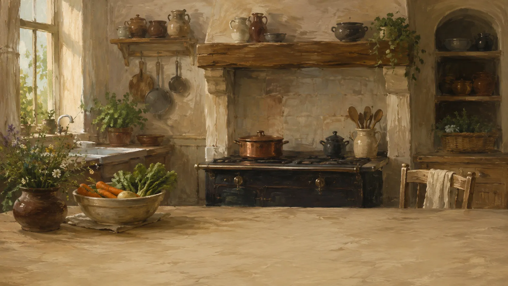 A painted rustic kitchen with a stove, sink, and chopping board