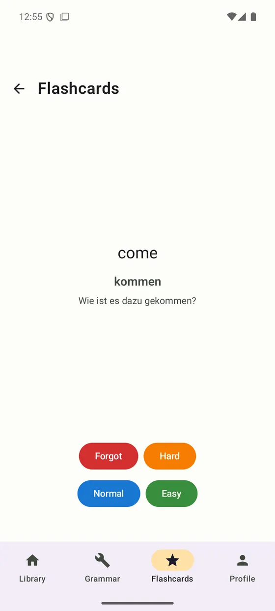 A flashcard review showing the German word 'kommen' with its translation and an example sentence, plus rating buttons.