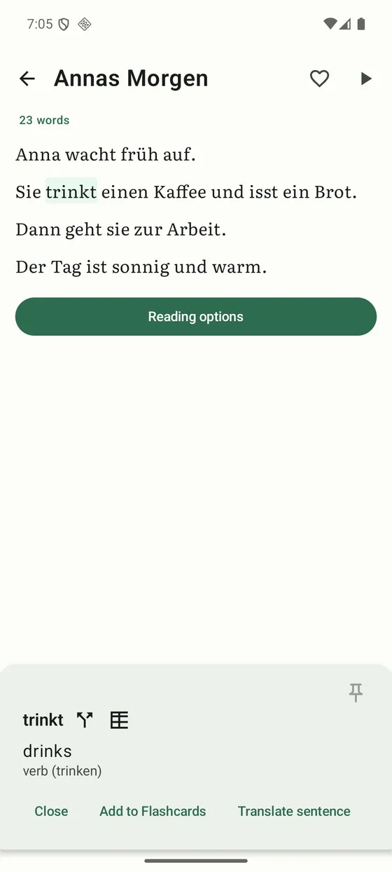 The Satzly reader, cycling through tap-to-translate, Sentence X-ray, the story vocabulary list, a conjugation table, and a story being read aloud.